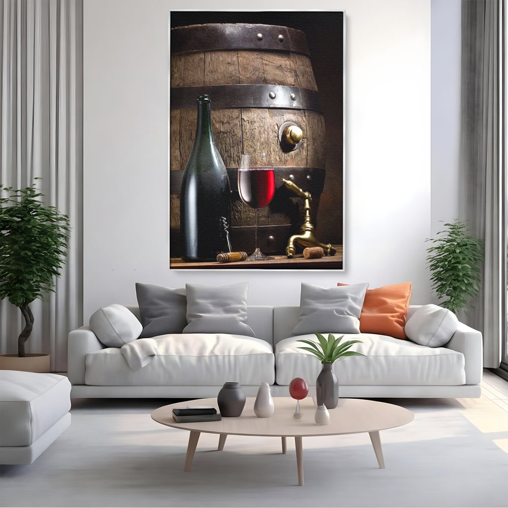 Tablou canvas cu tablou canvas cu butoi si vin, in rama de aluminiu argintiu, pe perete intr-un living
